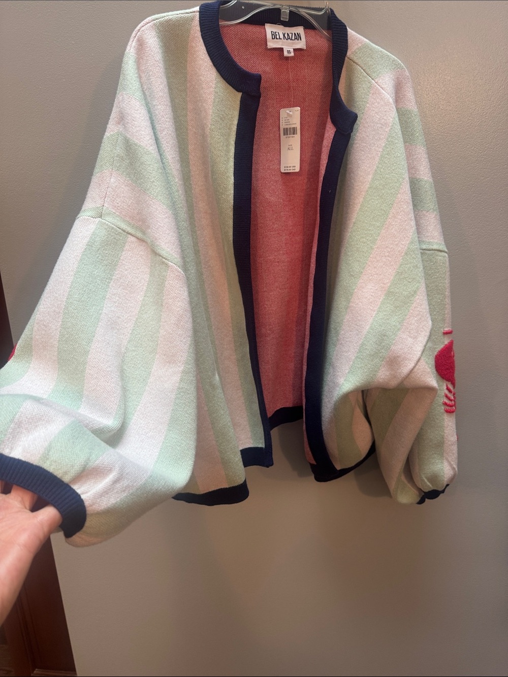 Bel Kazan Mint & White Striped Open Cardigan with Navy Trim, Lobster Detail